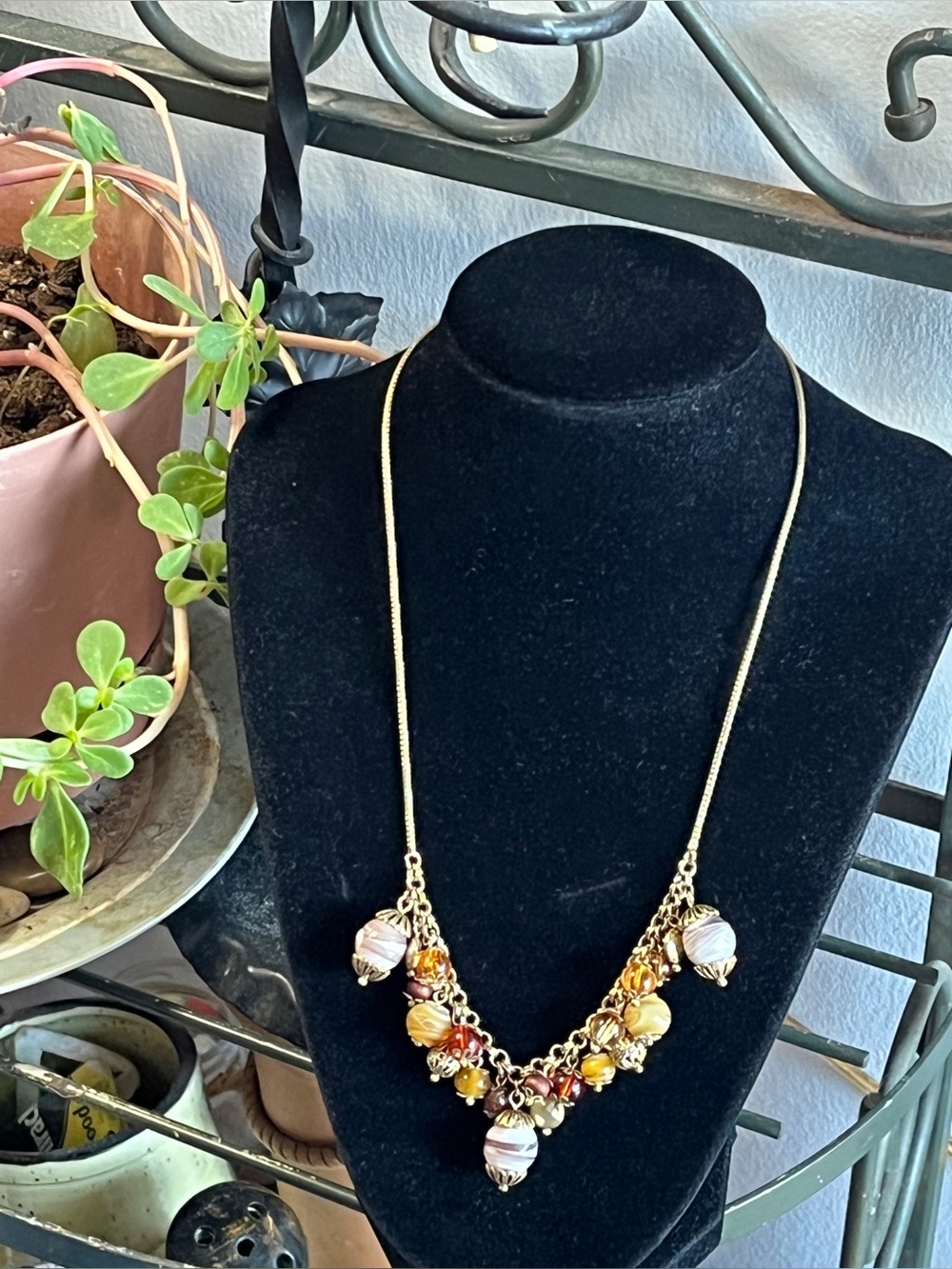 Liz Claiborne Earthtone Goldtone Bead Cluster Statement Necklace 16+ In Boho VTG